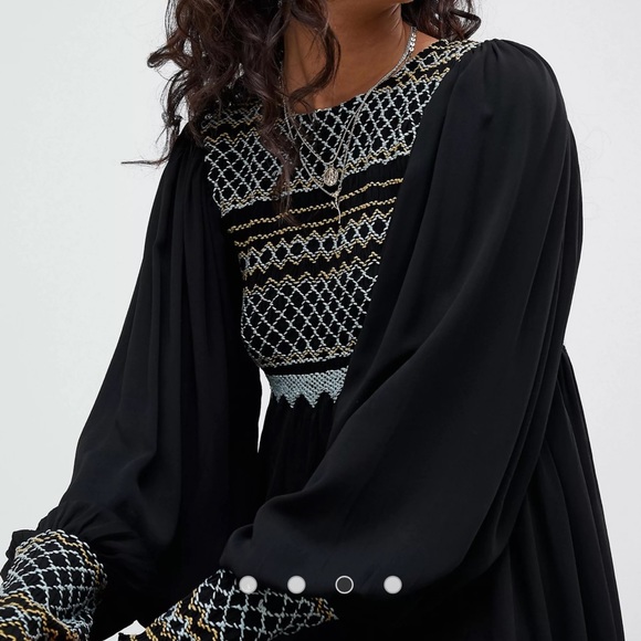 Free People Late Night Picnic Smocked Embroidered Dress CottageCore Black XS - Picture 6 of 12